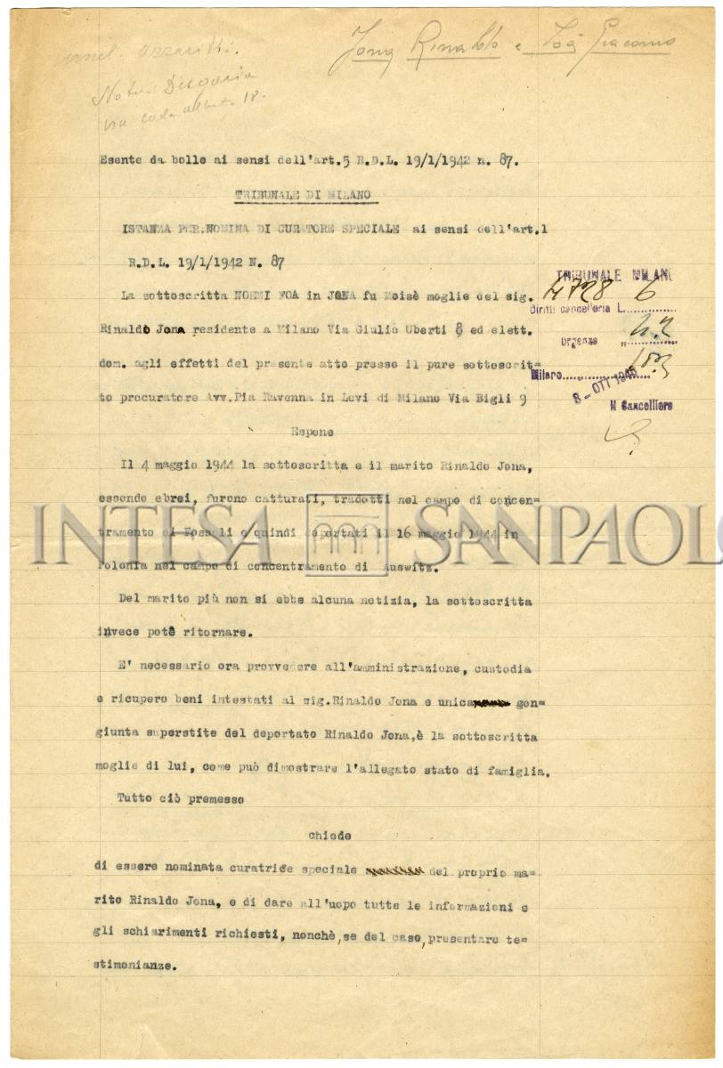 Istanza di nomina di curatore speciale per la nomina dell'erede di Rinaldo Jona, 8 ottobre 1946